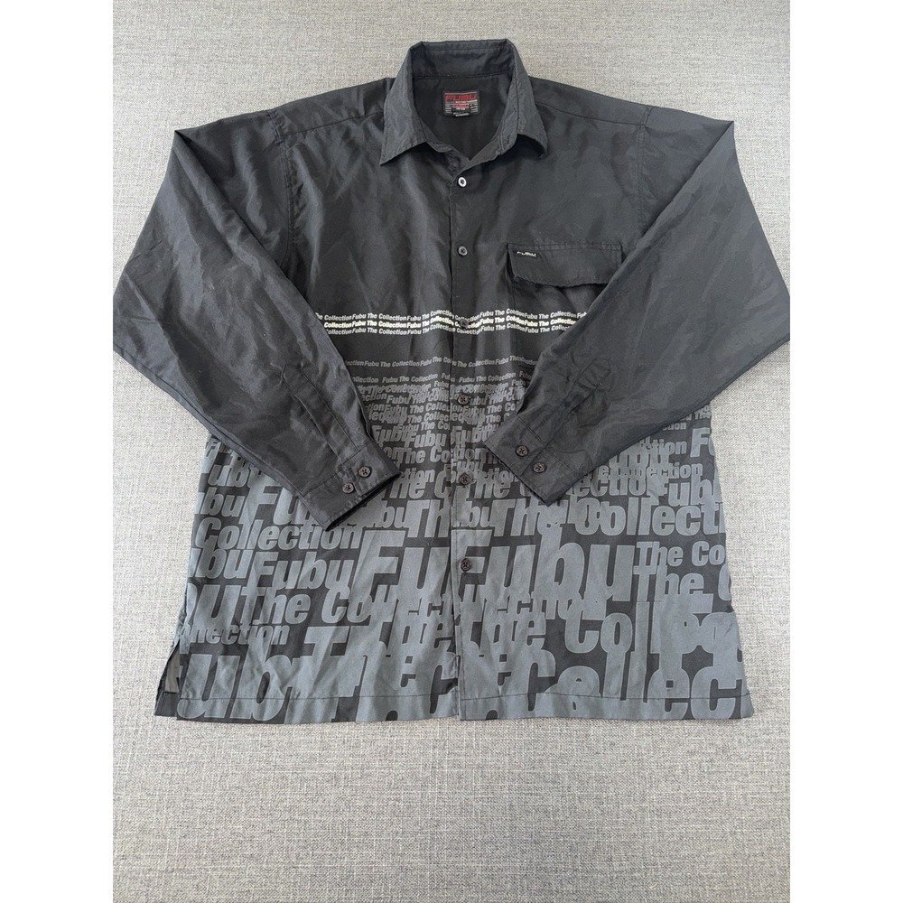 FUBU Collection Button Up Shirt Men's XL Black Graphic‎ Long Sleeve Y2K